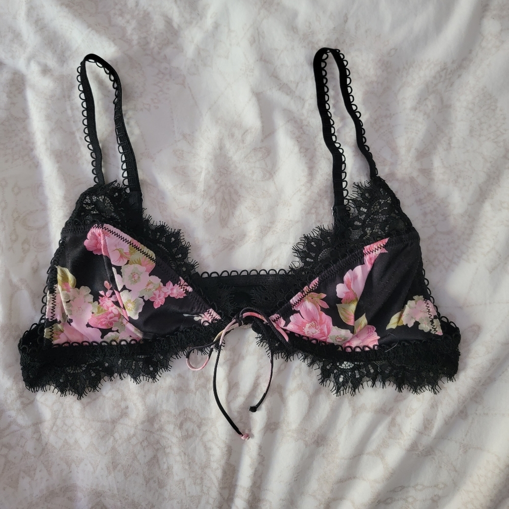For Love And Lemons x Victoria Secret Silky Satin Floral Tie-front Lace Bralette